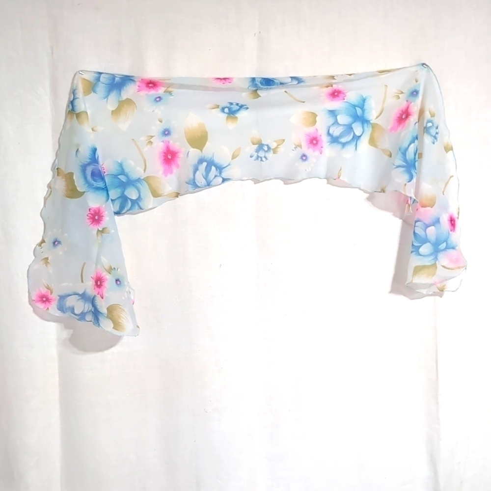 Vintage Sheer Pink Blue Floral Rectangle Scarf - Picture 2 of 3